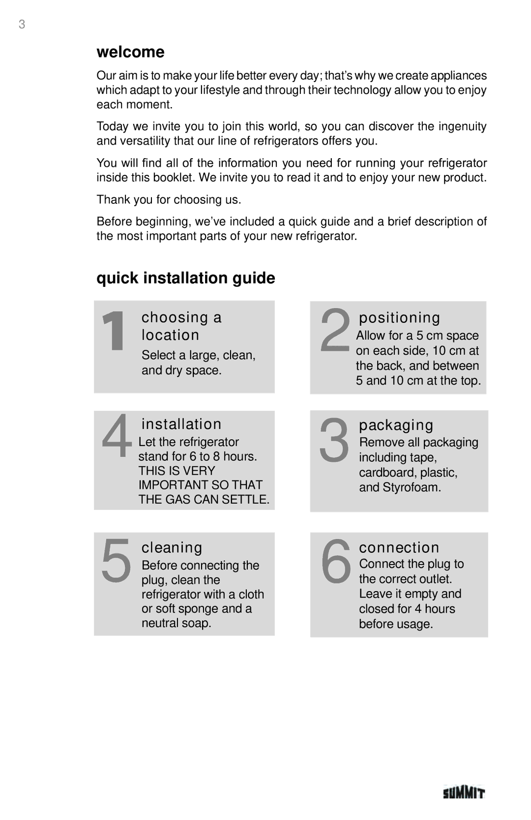 Summit 225D6783P011 manual Welcome, Quick installation guide, Choosing a location, Cleaning 