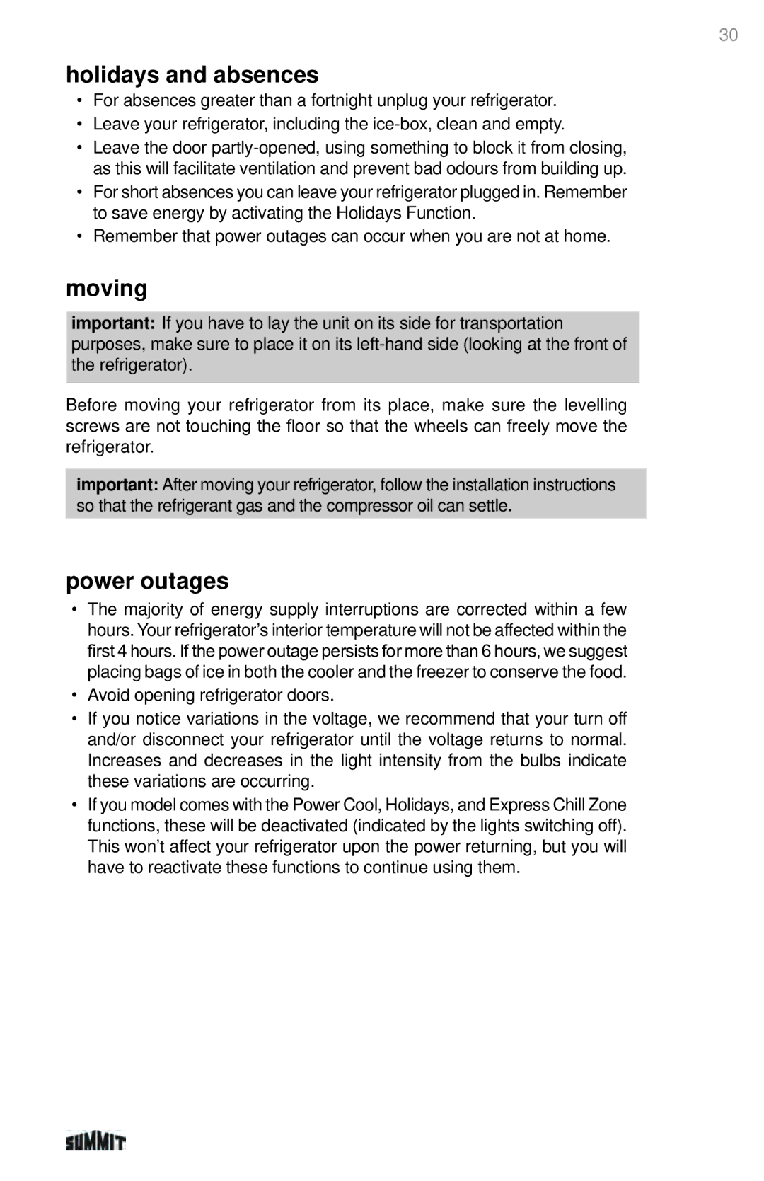 Summit 225D6783P011 manual Holidays and absences, Moving, Power outages 