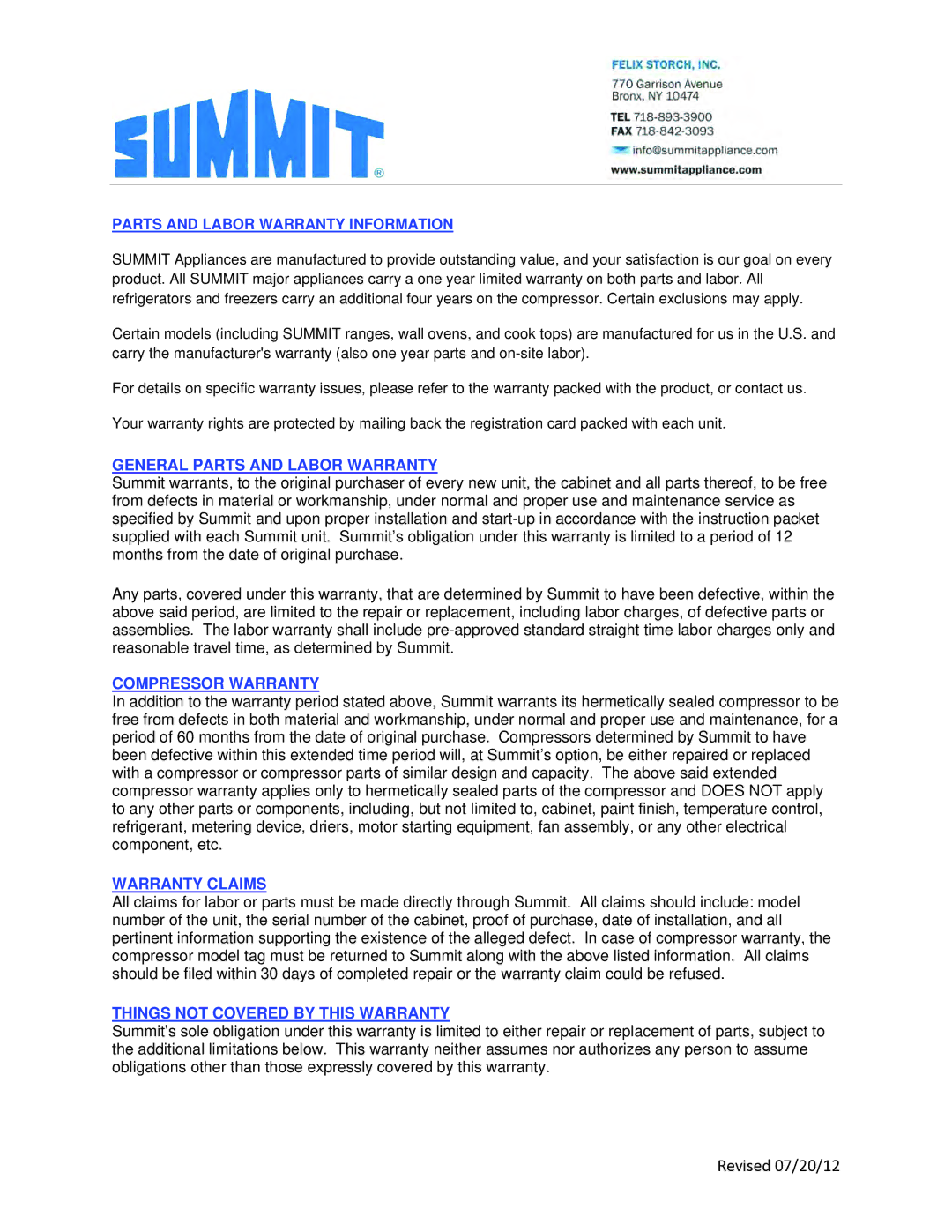 Summit 225D6783P011 manual Revised 07/20/12 