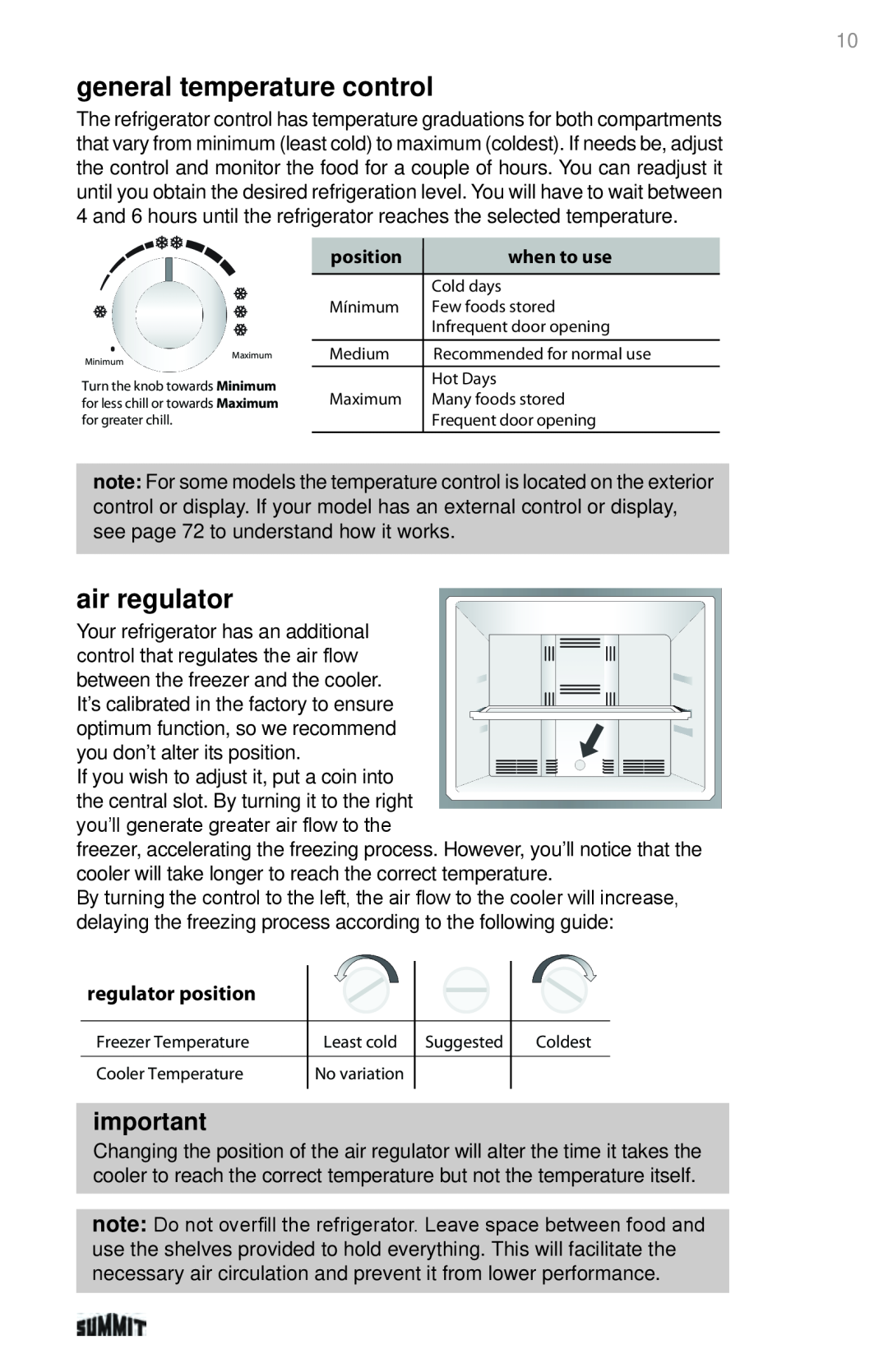 Summit 225D6783P011 manual general temperature control, air regulator, when to use, regulator position 
