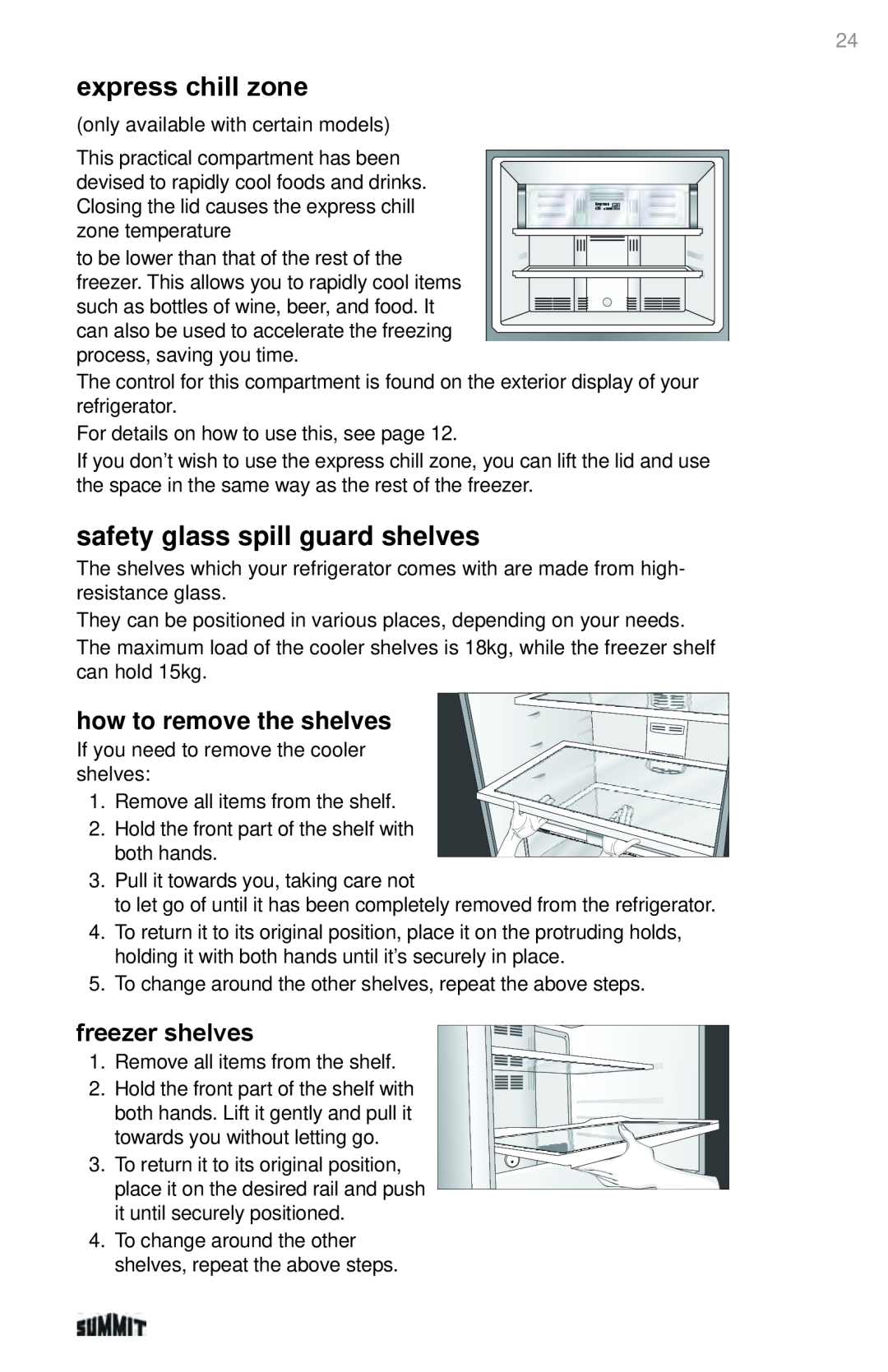 Summit 225D6783P011 manual express chill zone, safety glass spill guard shelves, how to remove the shelves, freezer shelves 