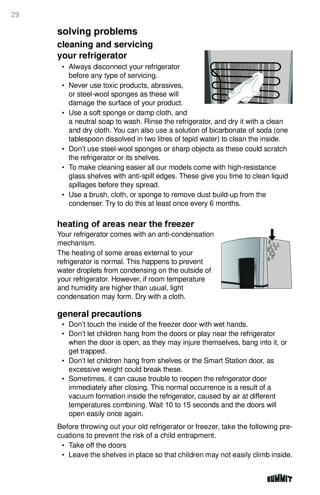 Summit 225D6783P011 manual solving problems, cleaning and servicing your refrigerator, heating of areas near the freezer 