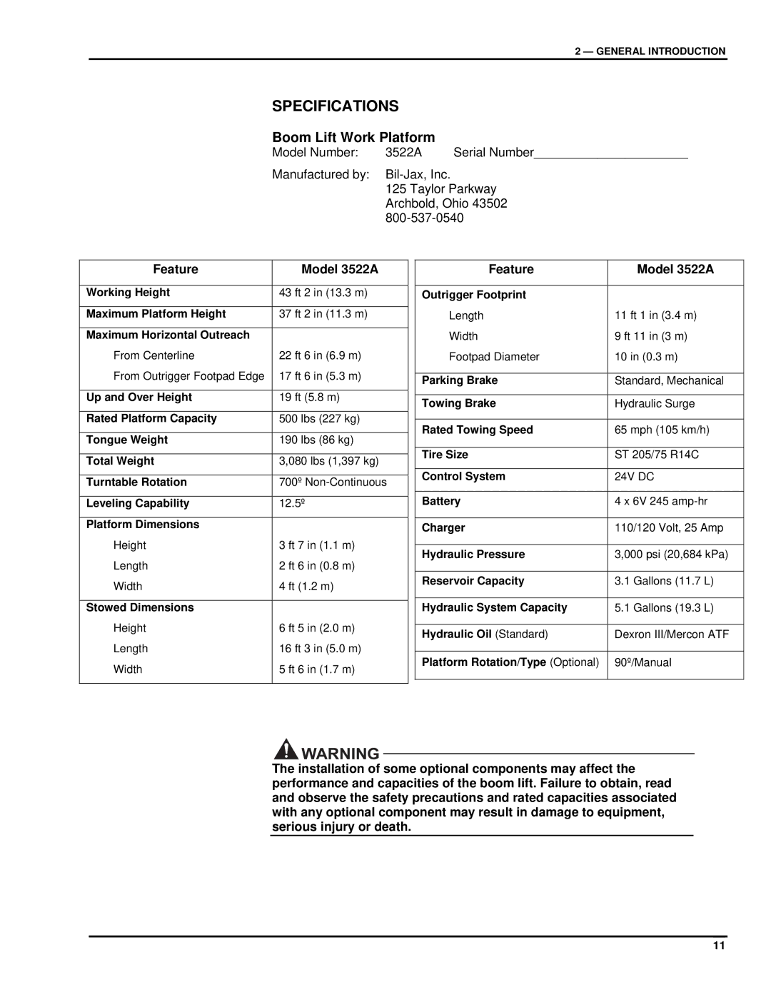 Summit 3522a manual Specifications, Feature Model 3522A 