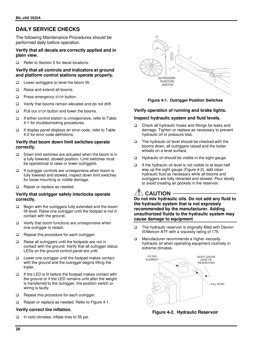 Summit 3522a Daily Service Checks, Verify that boom down limit switches operate correctly, Verify correct tire inflation 