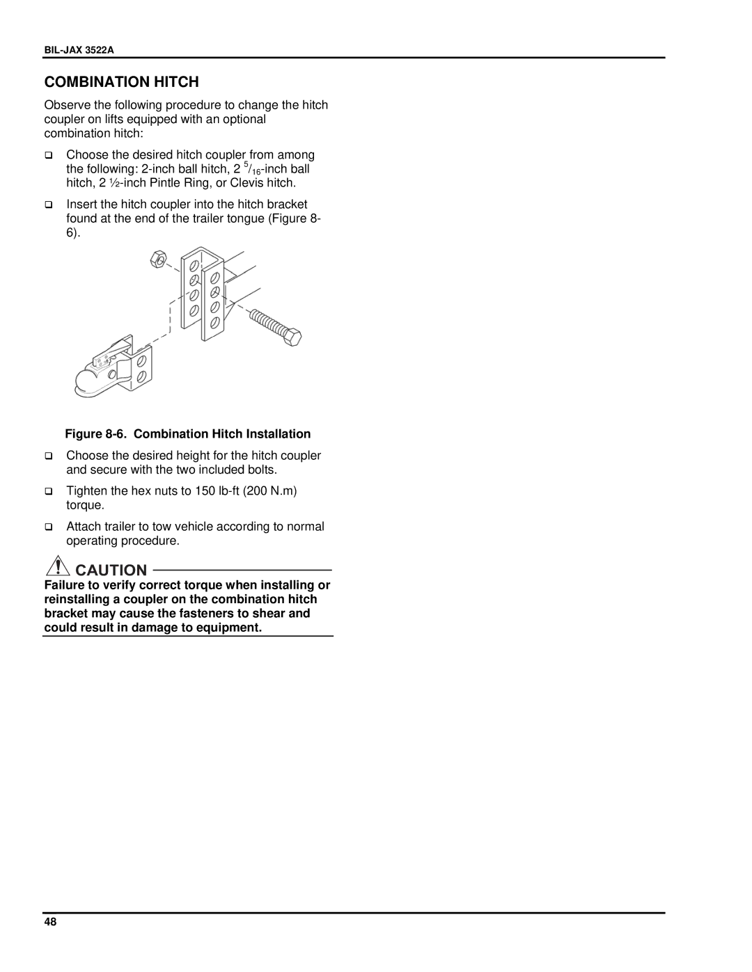 Summit 3522a manual Combination Hitch Installation 