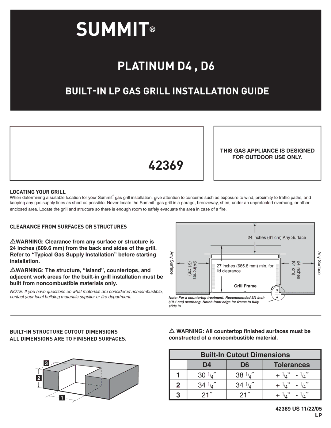 Summit 42369 dimensions BUILT-IN LP GAS Grill Installation Guide, Locating Your Grill 