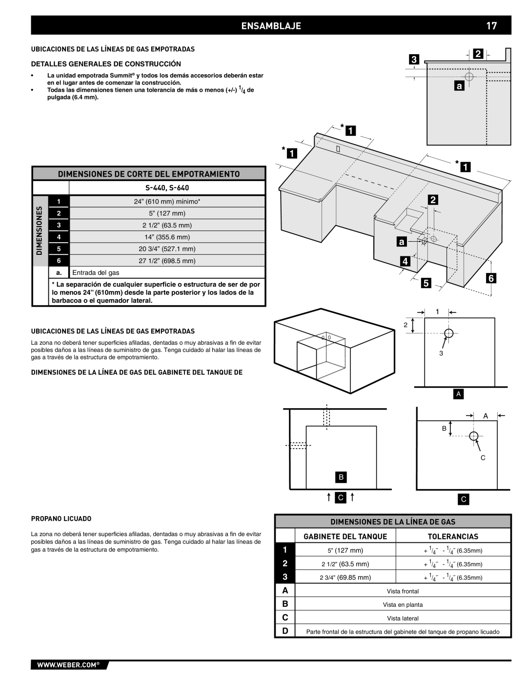 Summit 43176 manual Ensamblaje, Dimensiones DE LA Línea DE GAS, Tolerancias, Ubicaciones DE LAS Líneas DE GAS Empotradas 