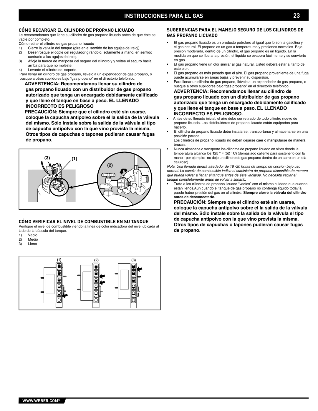 Summit 43176 manual Cómo Recargar EL Cilindro DE Propano Licuado, Cómo Verificar EL Nivel DE Combustible EN SU Tanque 