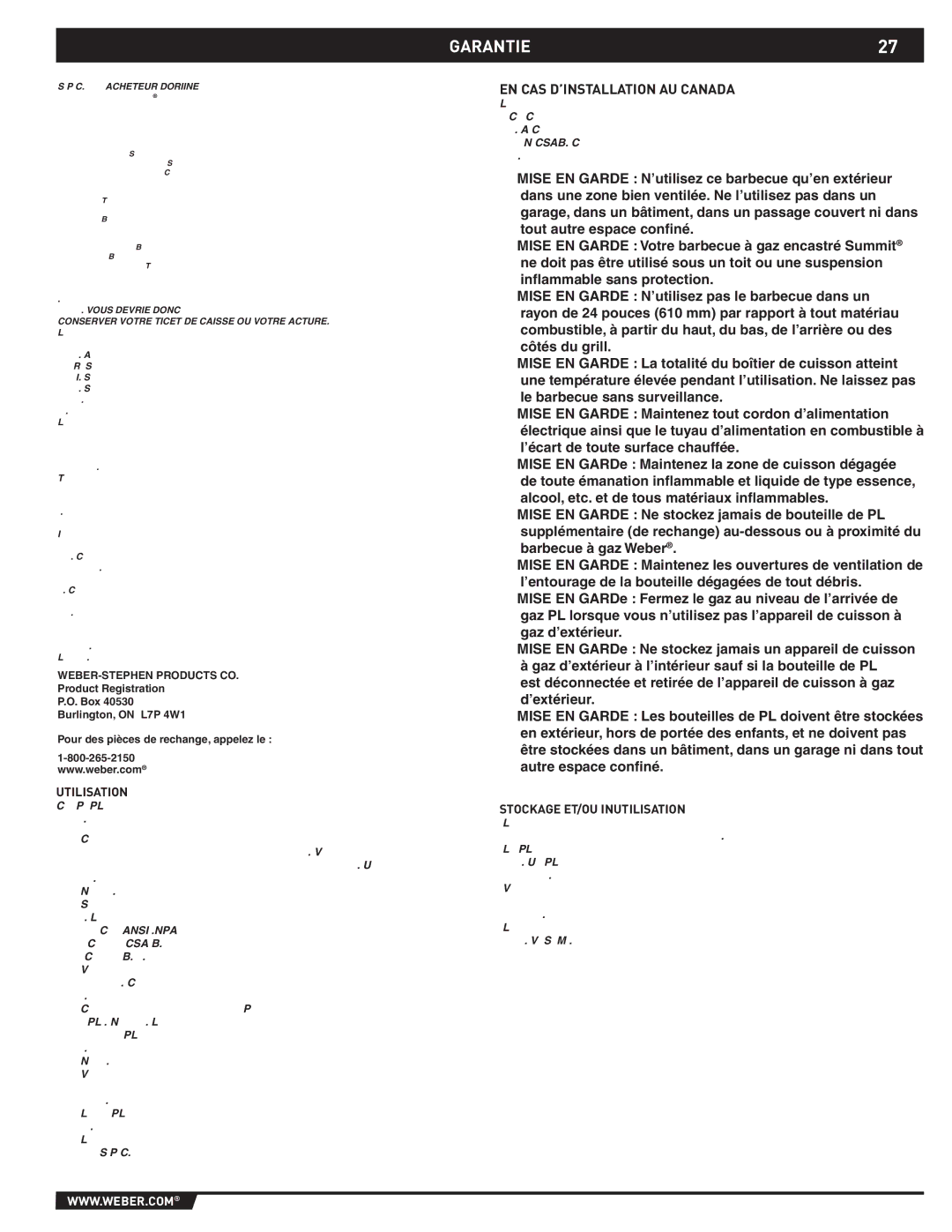 Summit 43176 manual Garantie, EN CAS D’INSTALLATION AU Canada, Utilisation, Stockage ET/OU Inutilisation 