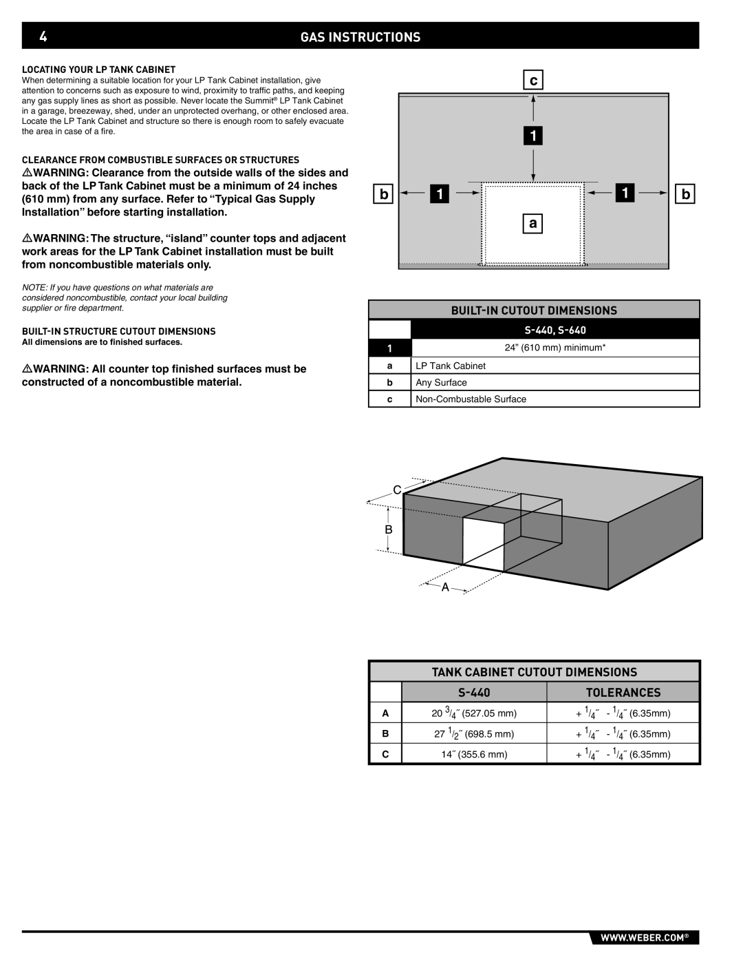 Summit 43176 manual GAS Instructions, Locating Your LP Tank Cabinet, All dimensions are to ﬁnished surfaces 