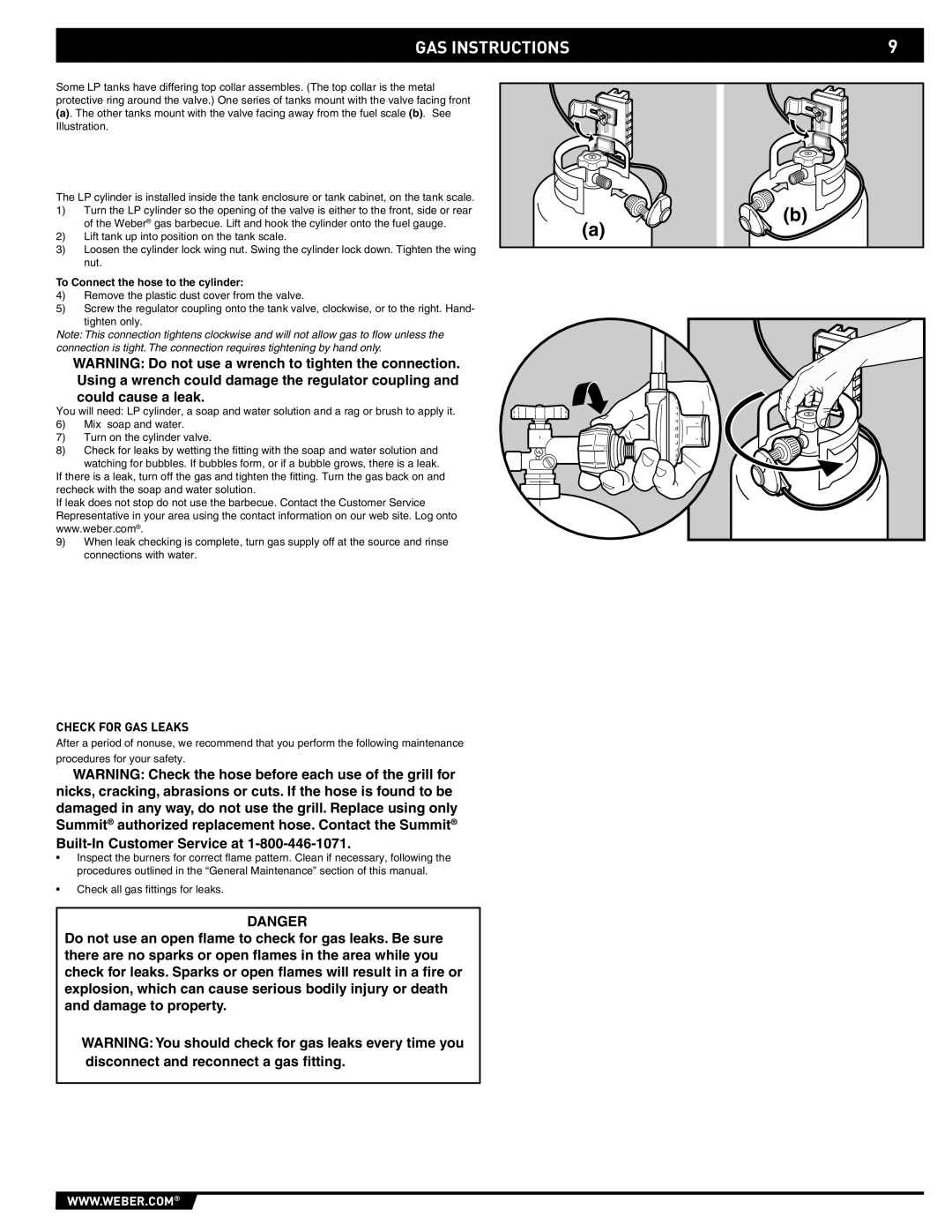 Summit 43176 manual Check for GAS Leaks, To Connect the hose to the cylinder 