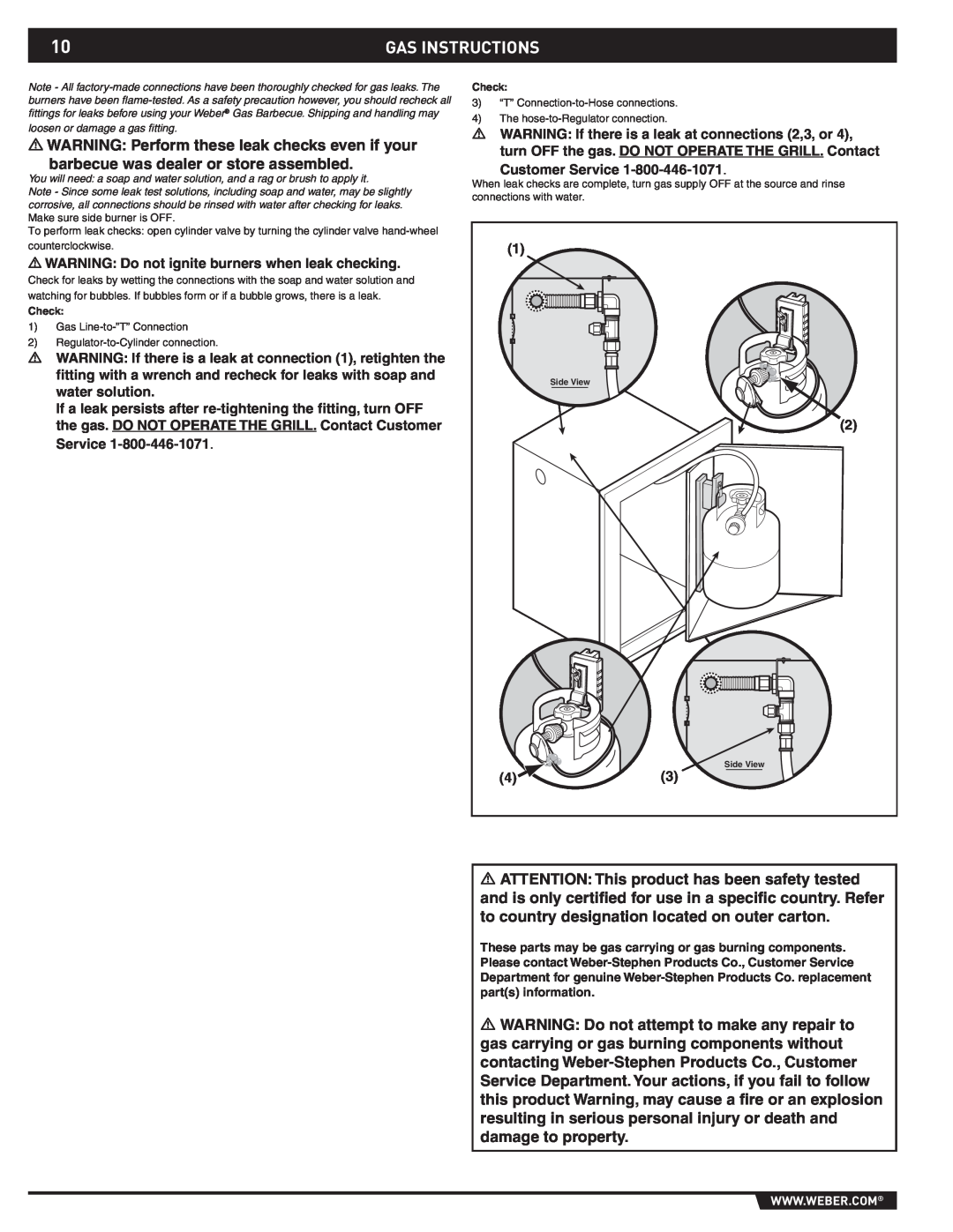Summit 43176 manual Gas Instructions, WARNING Do not ignite burners when leak checking 