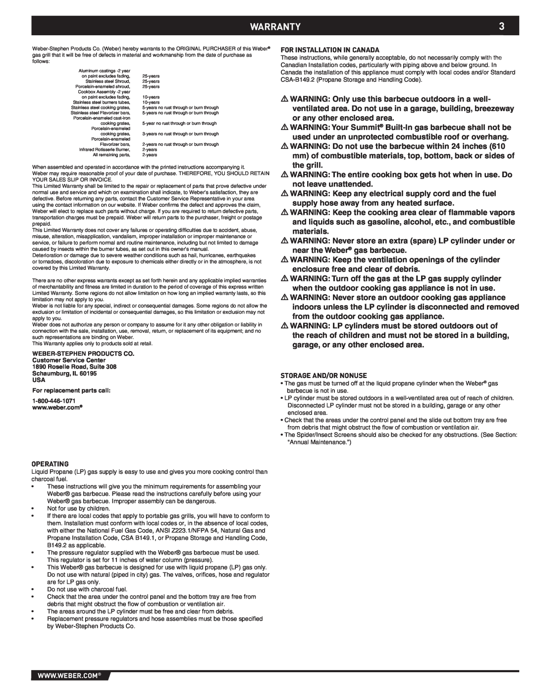 Summit 43176 manual Warranty, For Installation In Canada, Storage And/Or Nonuse, Operating 