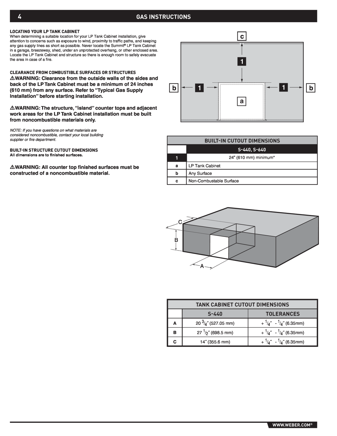 Summit 43176 Gas Instructions, Built-Incutout Dimensions, Tank Cabinet Cutout Dimensions, Tolerances, S-440, S-640 