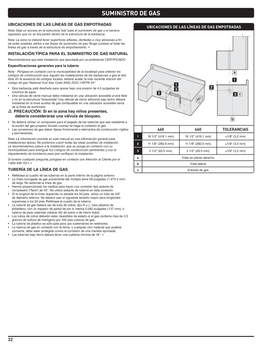 Summit 460-NG manual Suministro DE GAS, Ubicaciones DE LAS Líneas DE GAS Empotradas, Tubería DE LA Línea DE GAS 