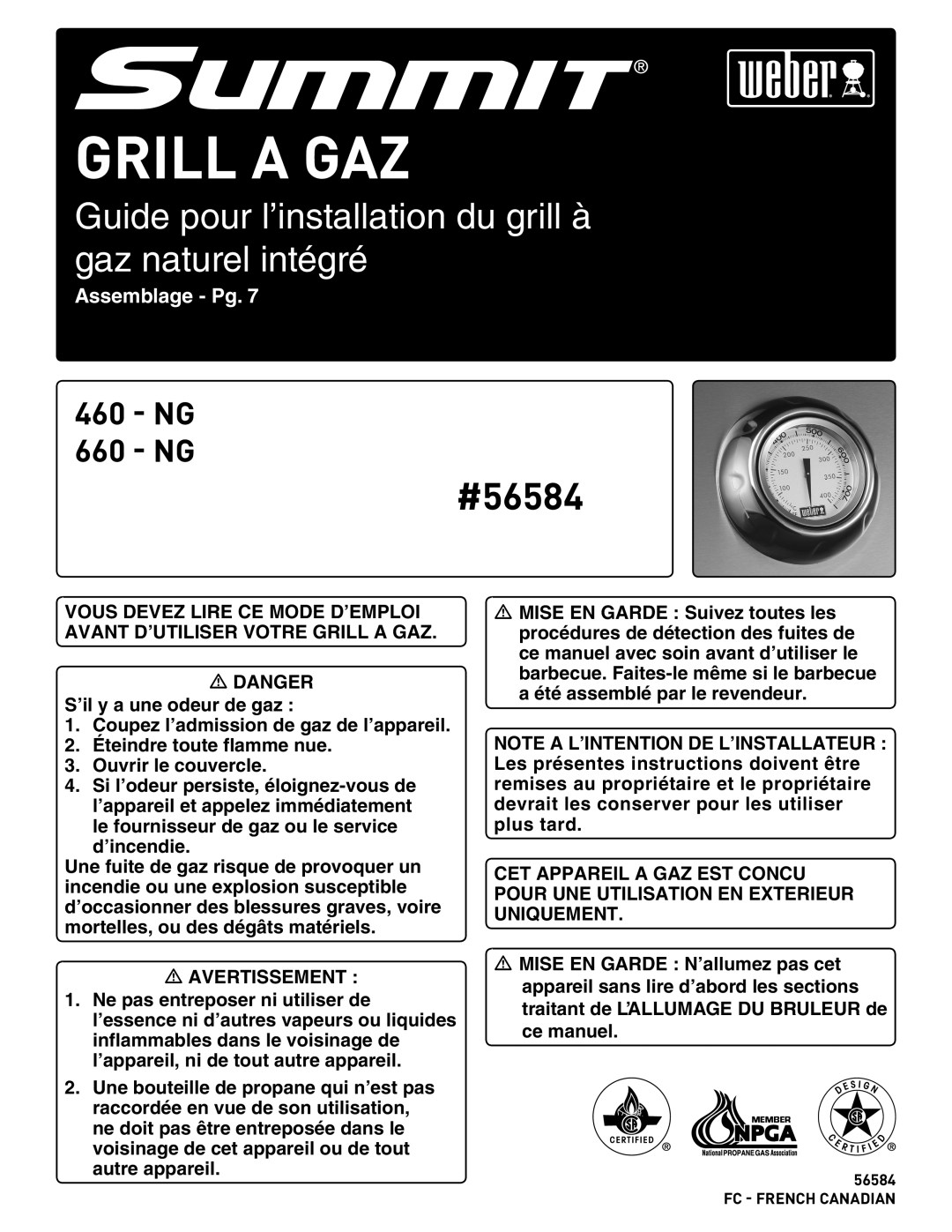 Summit 460-NG manual Grill a GAZ 