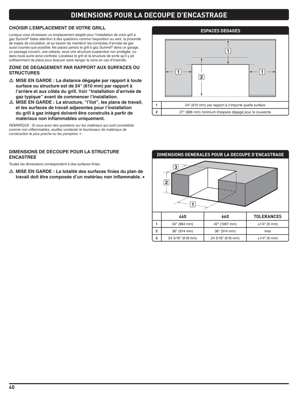 Summit 460-NG manual Choisir L’EMPLACEMENT DE Votre Grill, Zone DE Degagement PAR Rapport AUX Surfaces OU Structures 