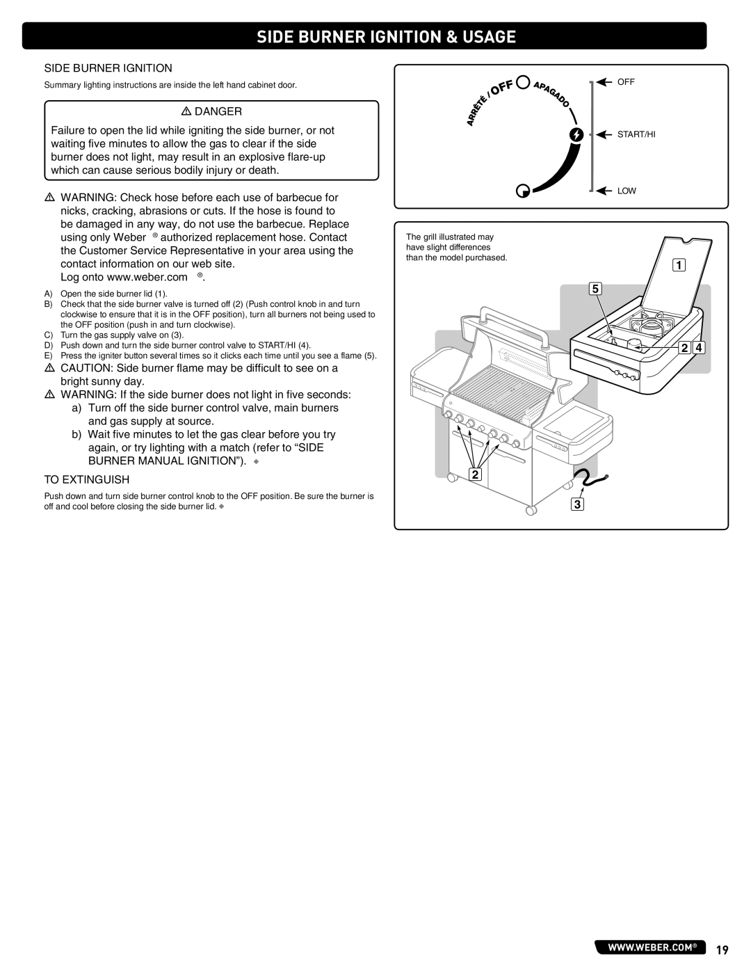 Summit 56209 manual Side Burner Ignition & Usage, Burner Manual Ignition 