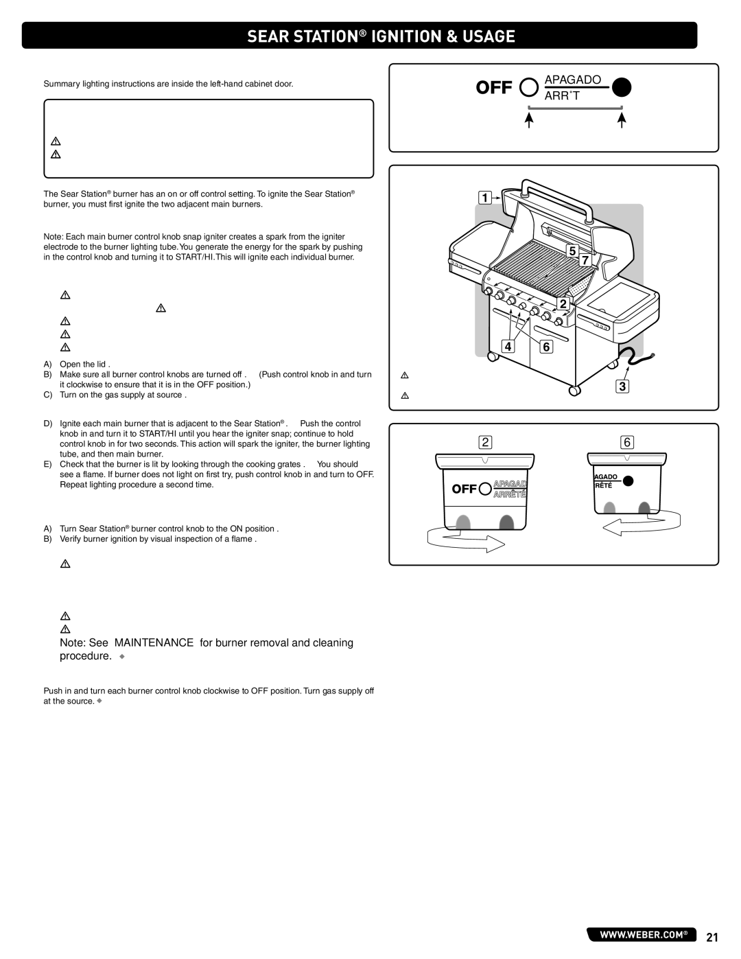 Summit 56209 manual Sear Station Ignition & Usage, Sear Station Burner Ignition, Adjacent Main Burner Snap Ignition 