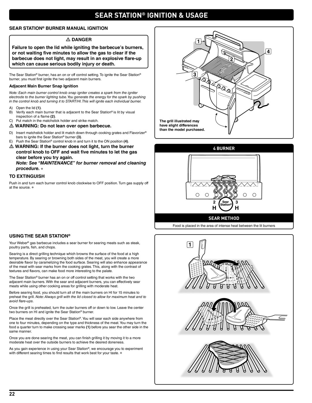 Summit 56209 manual Sear Station Burner Manual Ignition, Using the Sear Station 