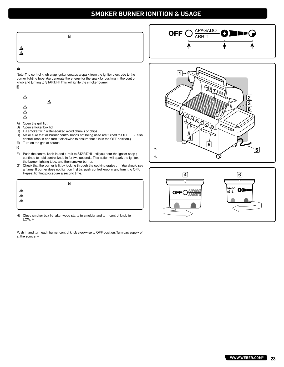 Summit 56209 manual Smoker Burner Ignition & Usage, Smoker Burner Manual Ignition, Smoker Burner Snap Ignition 