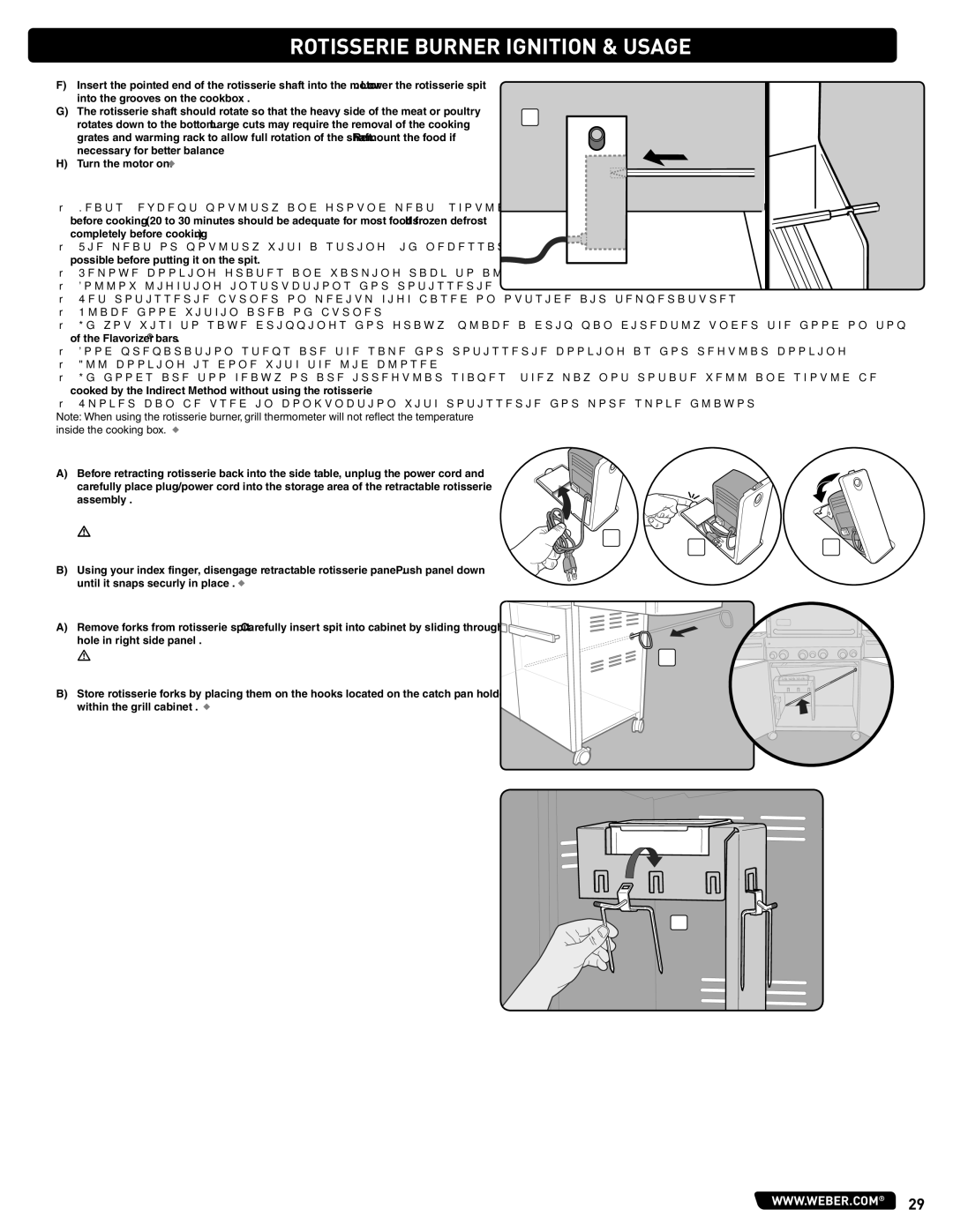 Summit 56209 manual Rotisserie Cooking, Rotisserie Motor Storage, Rotisserie Spit Storage, With any gas lines 