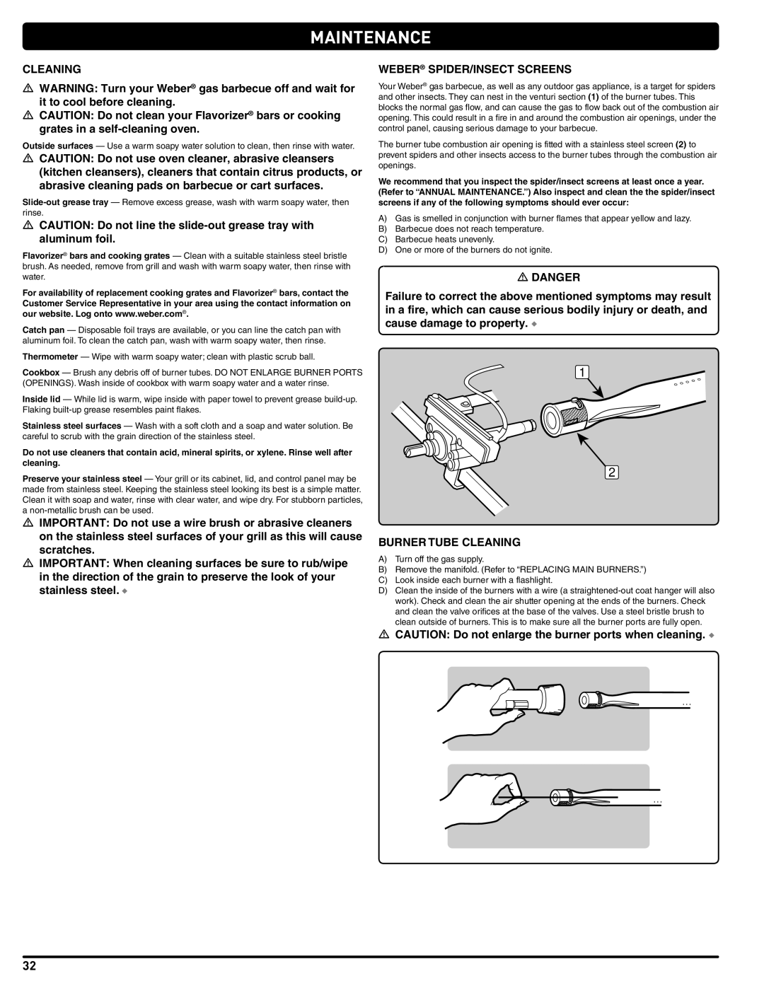 Summit 56209 manual Maintenance, Weber SPIDER/INSECT Screens, Burner Tube Cleaning 