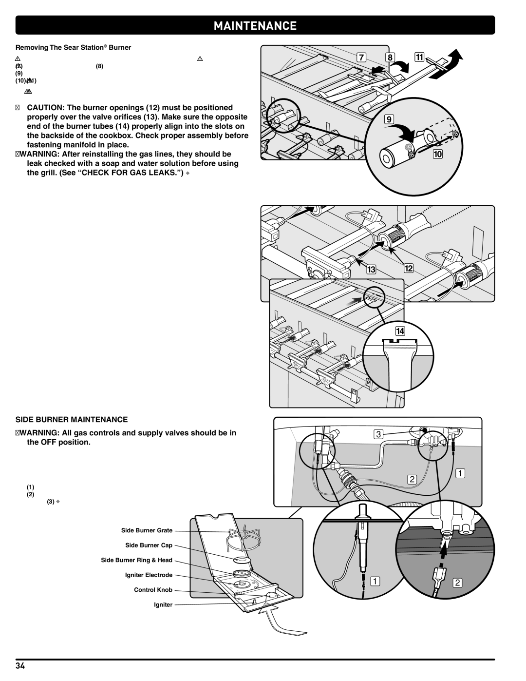 Summit 56209 manual Side Burner Maintenance, OFF position, Removing The Sear Station Burner 