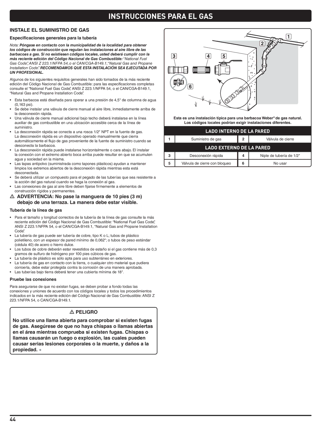 Summit 56209 manual Instrucciones Para EL GAS, Instale EL Suministro DE GAS, Especificaciones generales para la tubería 