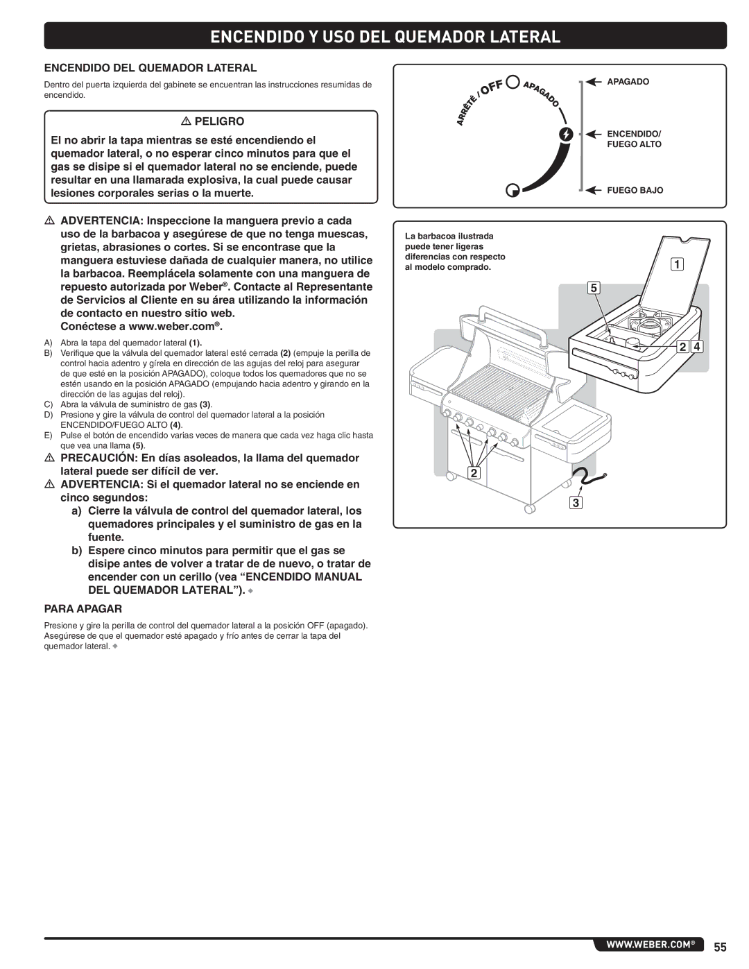 Summit 56209 manual Encendido Y USO DEL Quemador Lateral, Encendido DEL Quemador Lateral 