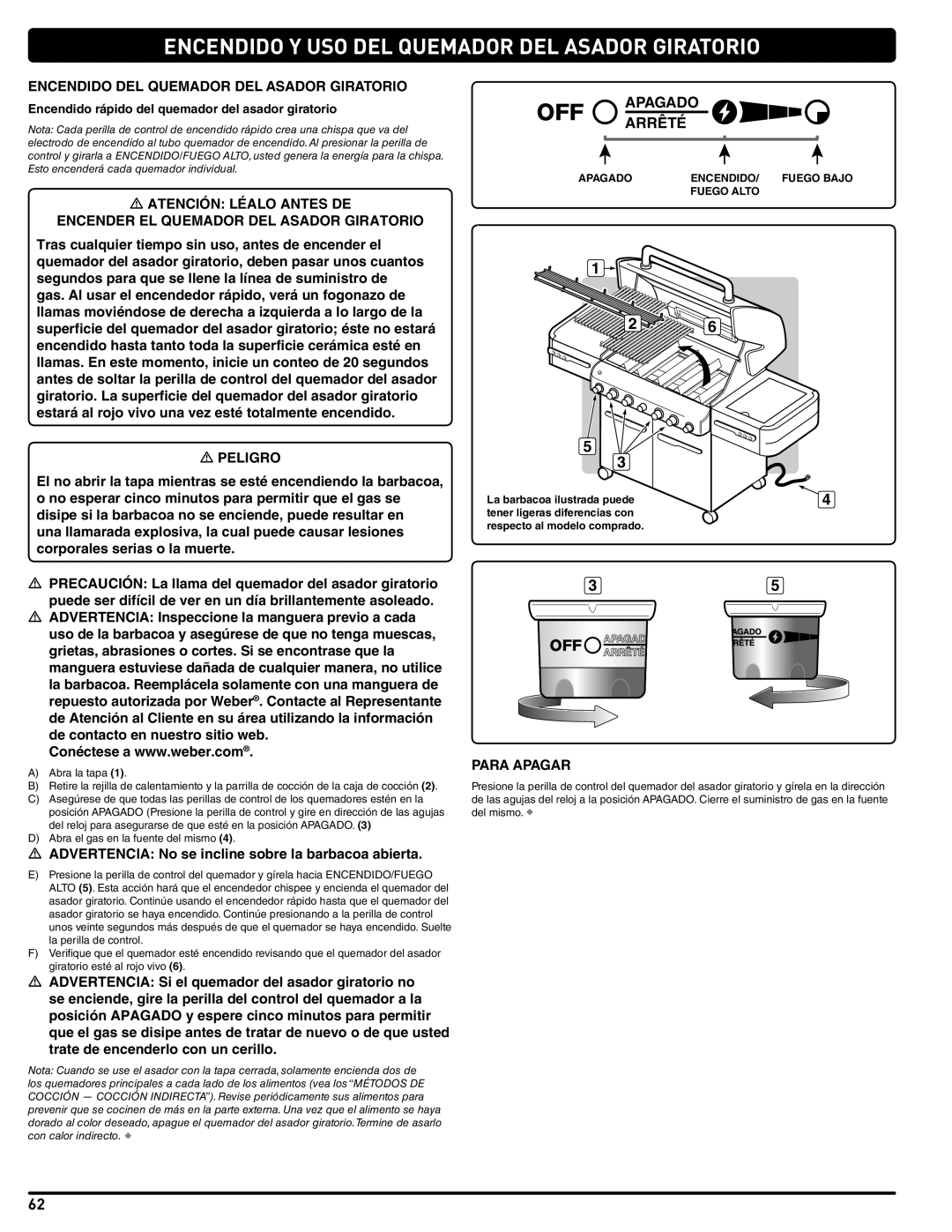 Summit 56209 manual Encendido Y USO DEL Quemador DEL Asador Giratorio, Encendido DEL Quemador DEL Asador Giratorio 