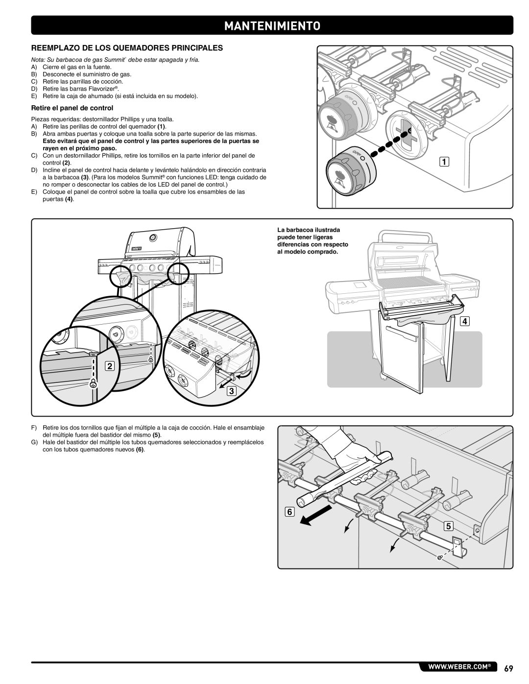 Summit 56209 manual Reemplazo DE LOS Quemadores Principales, Nota Su barbacoa de gas Summit debe estar apagada y fría 