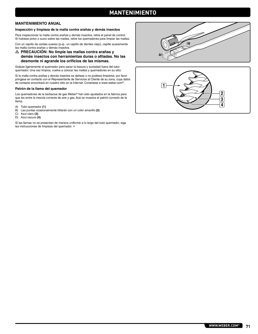 Summit 56209 manual Mantenimiento Anual, Patrón de la llama del quemador, Tubo quemador 