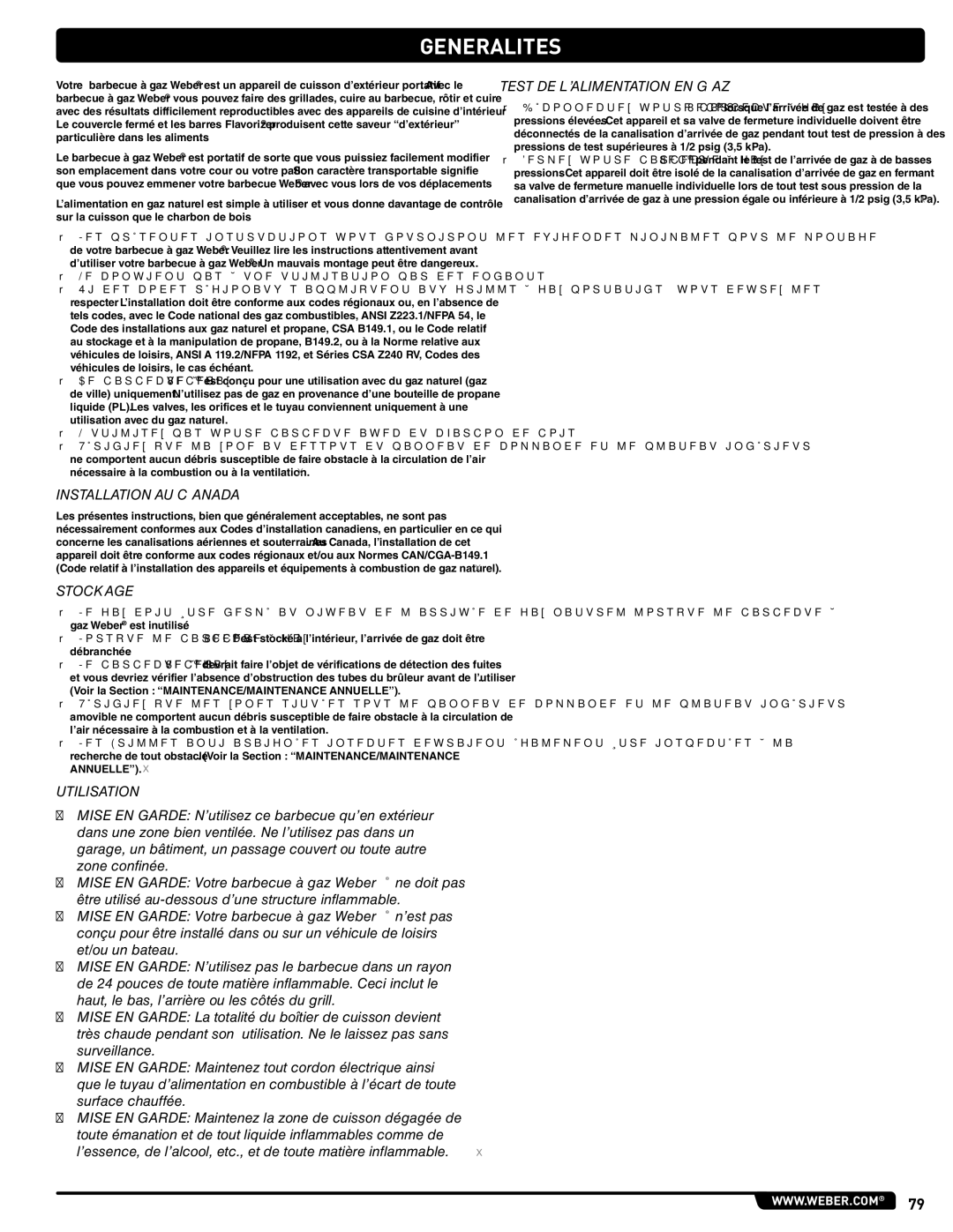 Summit 56209 manual Generalites, Installation AU Canada, Stockage, Utilisation, Test DE L’ALIMENTATION EN GAZ 