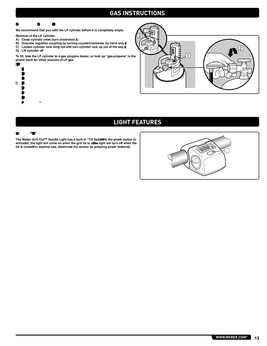 Summit 56214 manual Light Features, Refilling the Liquid Propane Cylinder, Weber Grill OUT Handle Light 