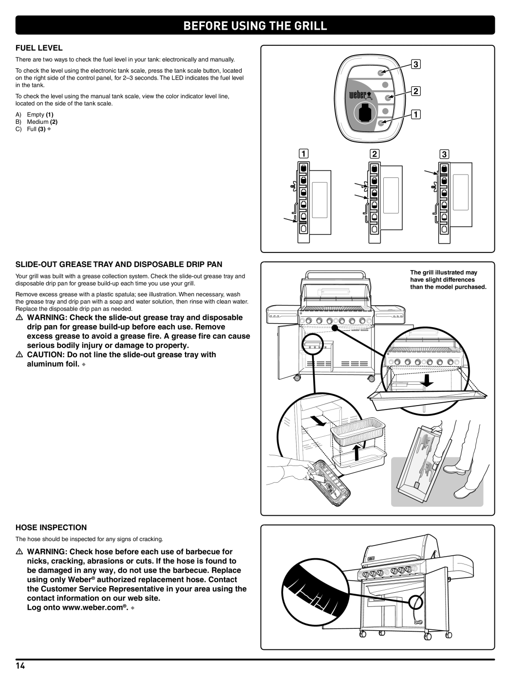 Summit 56214 manual Before Using the Grill, Fuel Level, SLIDE-OUT Grease Tray and Disposable Drip PAN, Hose Inspection 