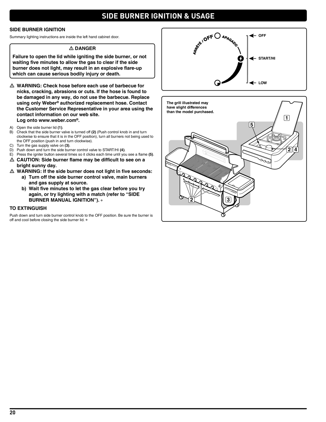 Summit 56214 manual Side Burner Ignition & Usage, Burner Manual Ignition To Extinguish 