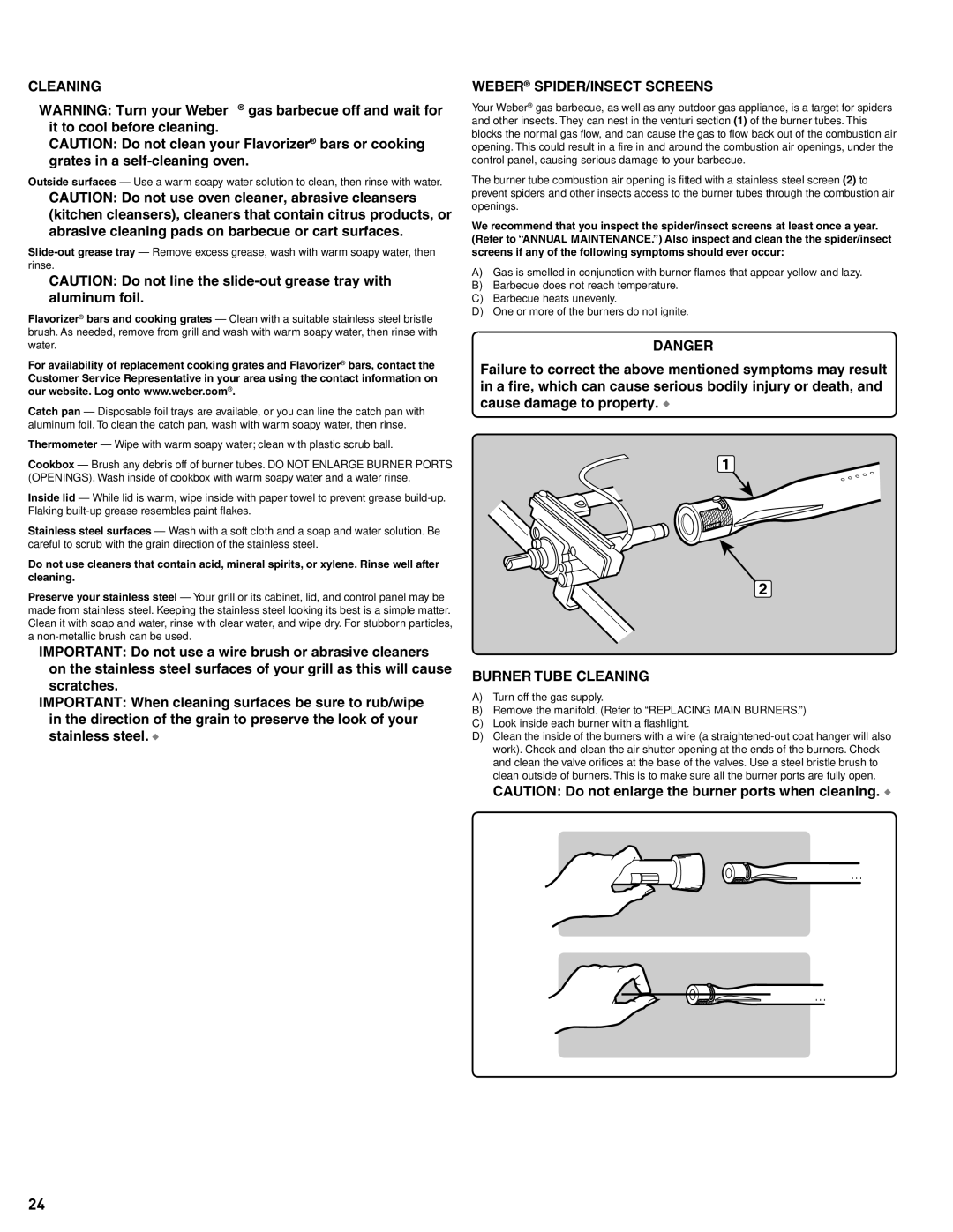 Summit 56214 manual Maintenance, Weber SPIDER/INSECT Screens, Burner Tube Cleaning 