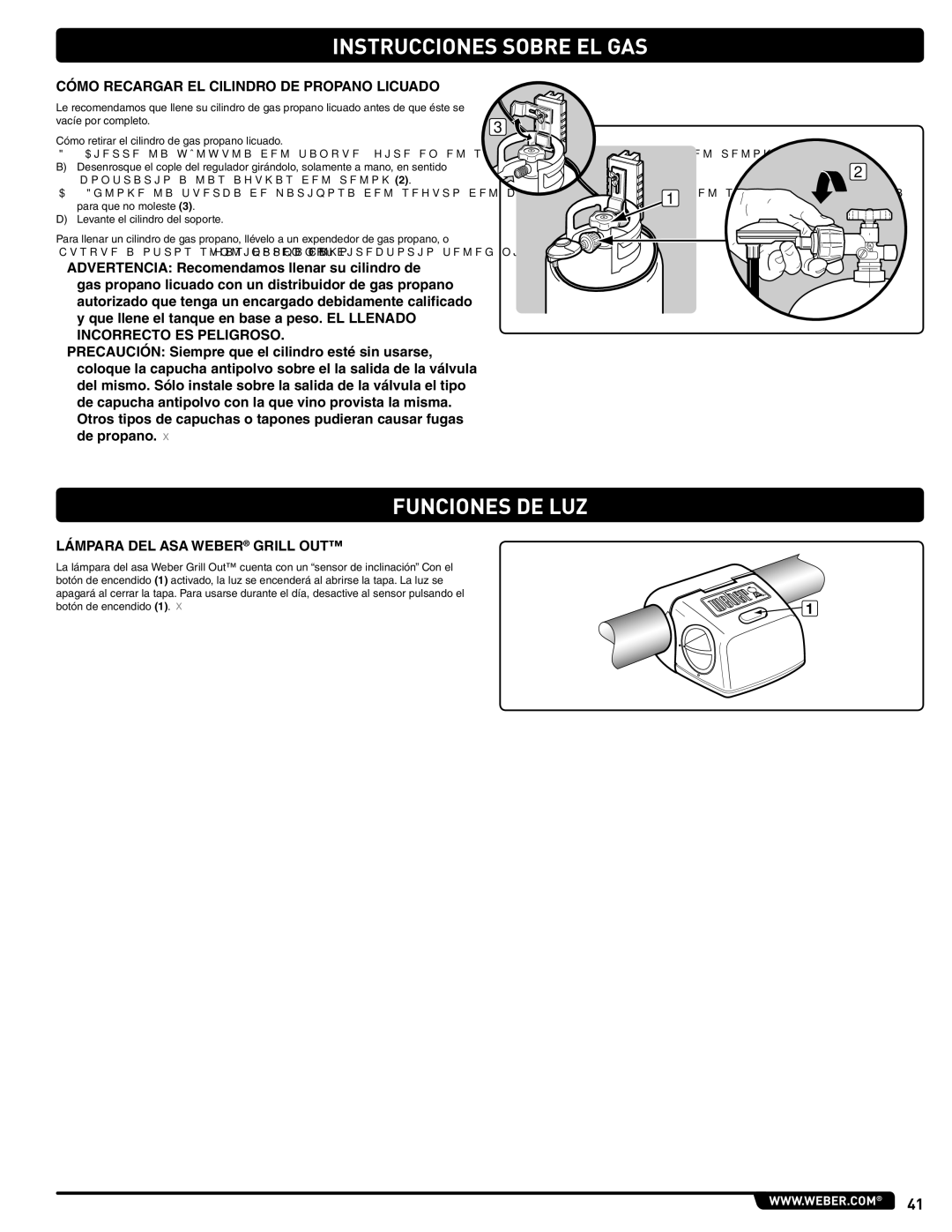 Summit 56214 manual Funciones DE LUZ, Cómo Recargar EL Cilindro DE Propano Licuado, Lámpara DEL ASA Weber Grill OUT 