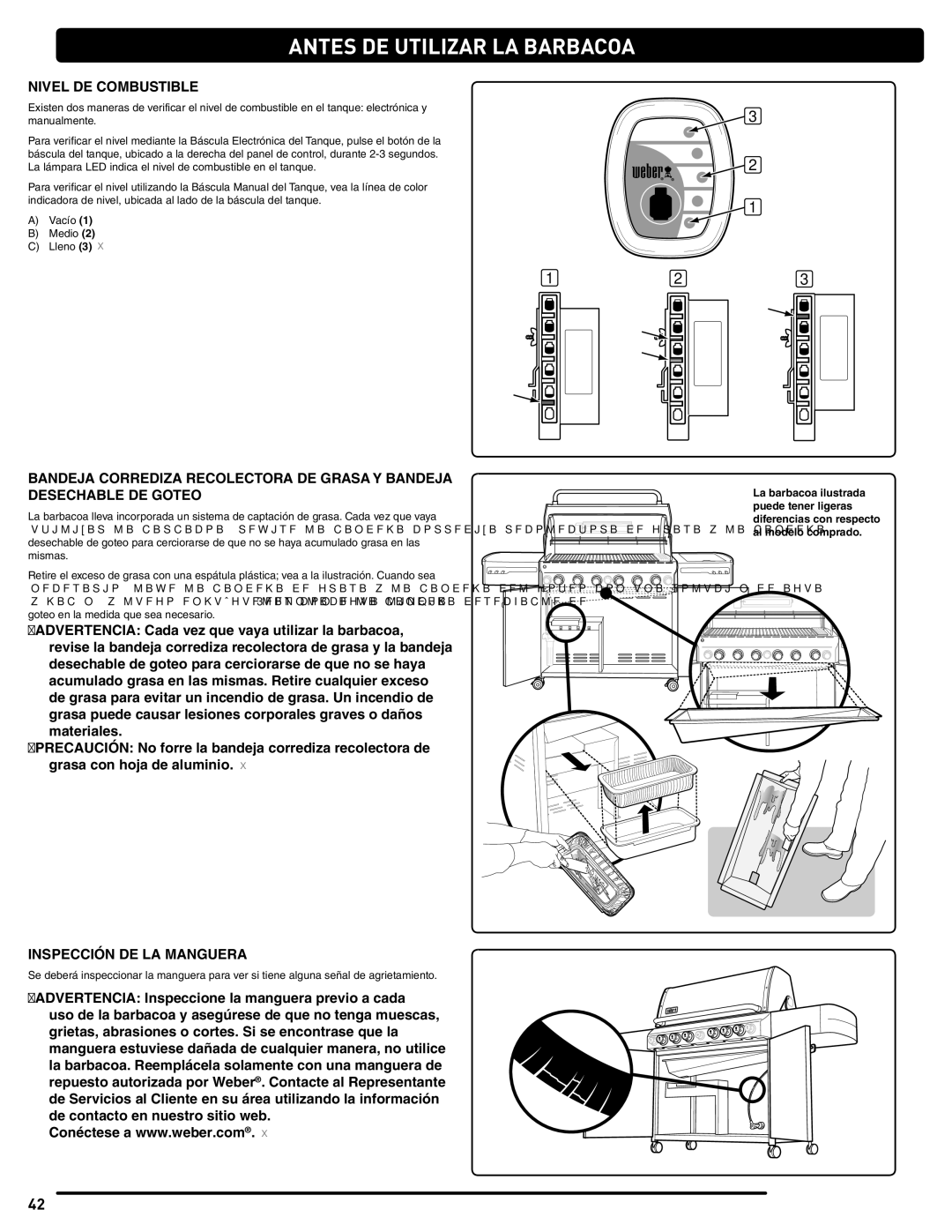 Summit 56214 manual Antes DE Utilizar LA Barbacoa, Nivel DE Combustible, Inspección DE LA Manguera 