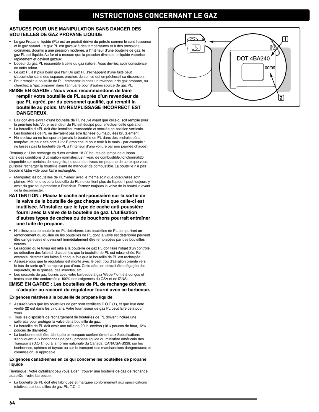 Summit 56214 manual Instructions Concernant LE GAZ, Exigences relatives à la bouteille de propane liquide 