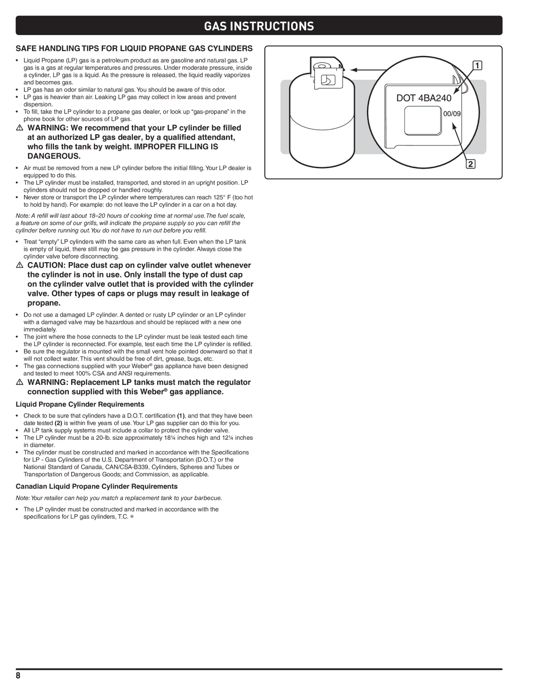 Summit 56214 GAS Instructions, Safe Handling Tips for Liquid Propane GAS Cylinders, Liquid Propane Cylinder Requirements 