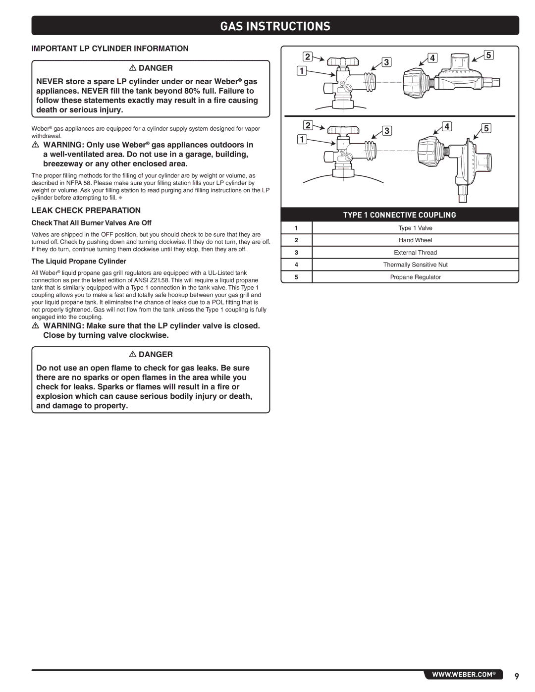 Summit 56214 manual Important LP Cylinder Information, Leak Check Preparation, Check That All Burner Valves Are Off 