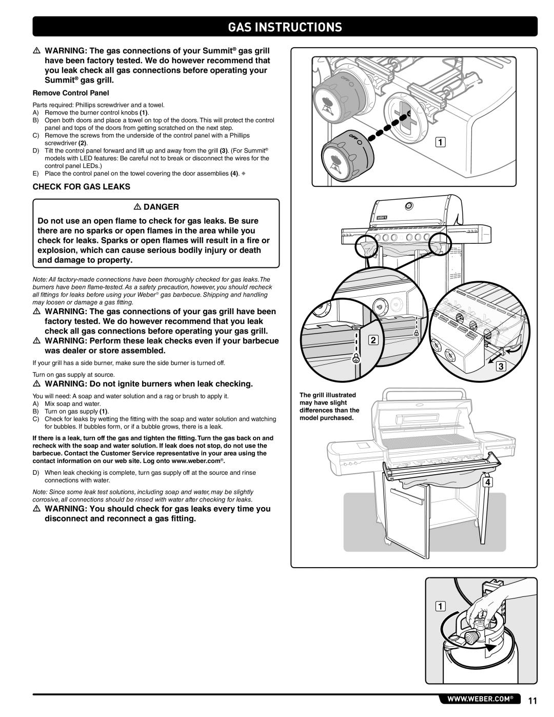 Summit 56214 manual Gas Instructions, CHECK FOR GAS LEAKS m DANGER 