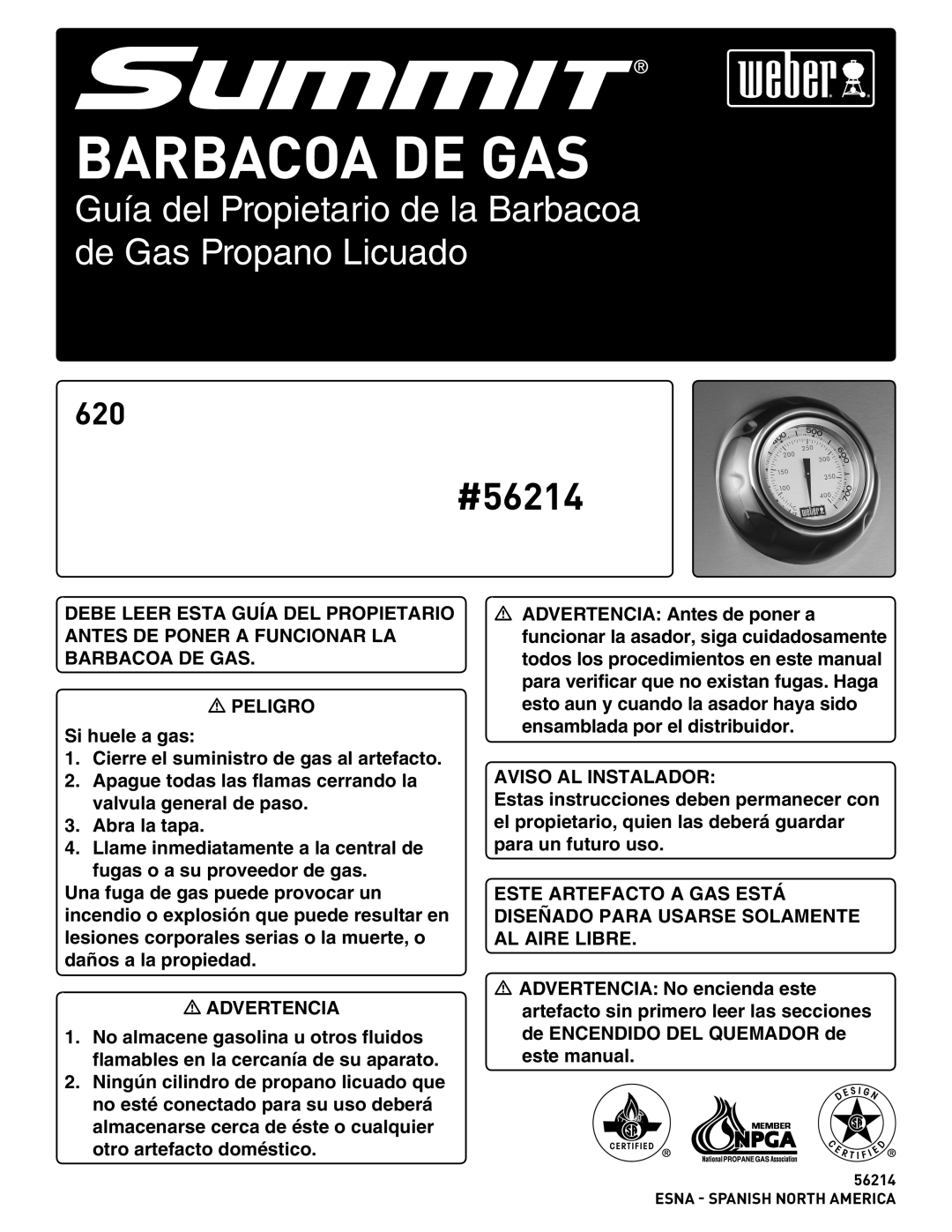 Summit manual Barbacoa De Gas, Guía del Propietario de la Barbacoa de Gas Propano Licuado, #56214 