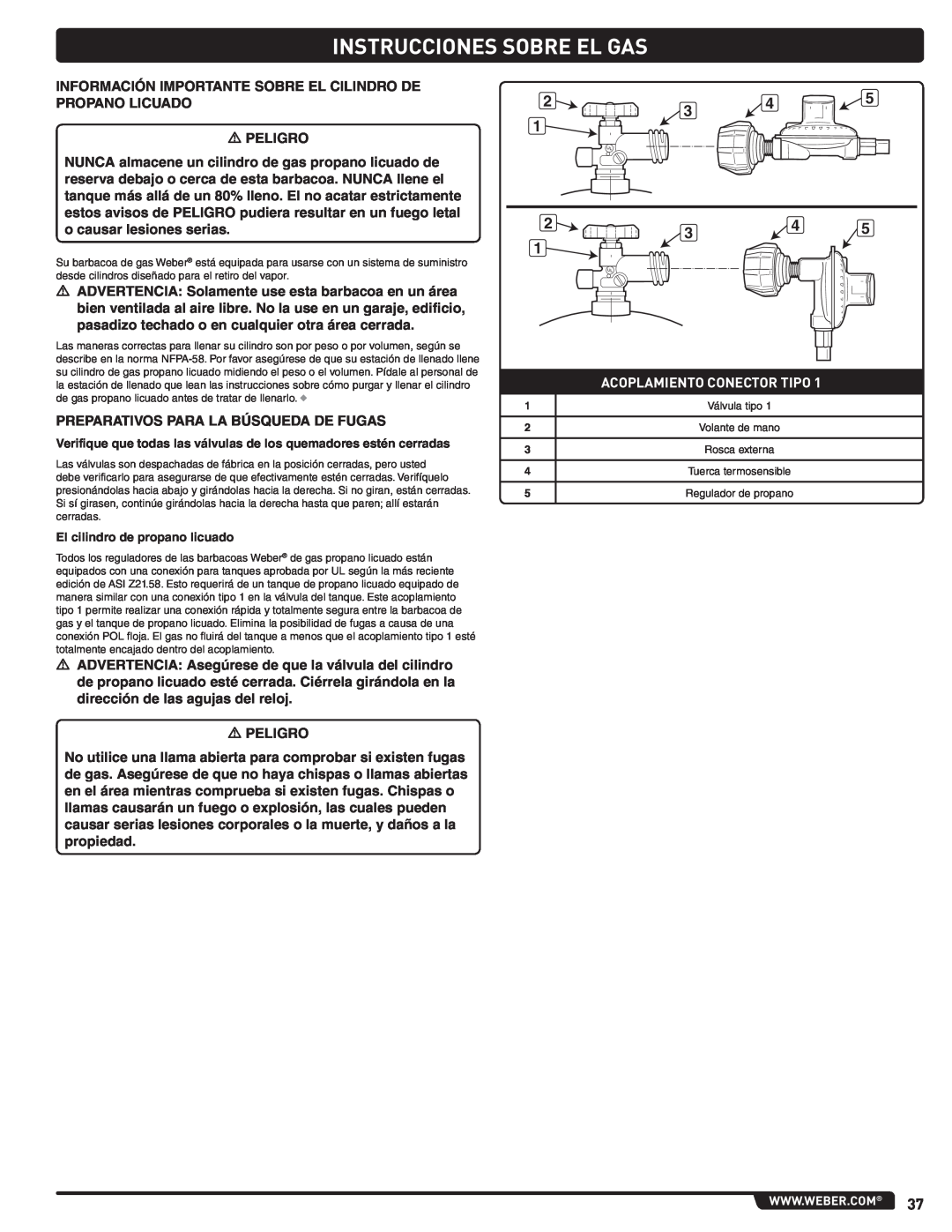 Summit 56214 manual Instrucciones Sobre El Gas, Acoplamiento Conector Tipo, El cilindro de propano licuado 