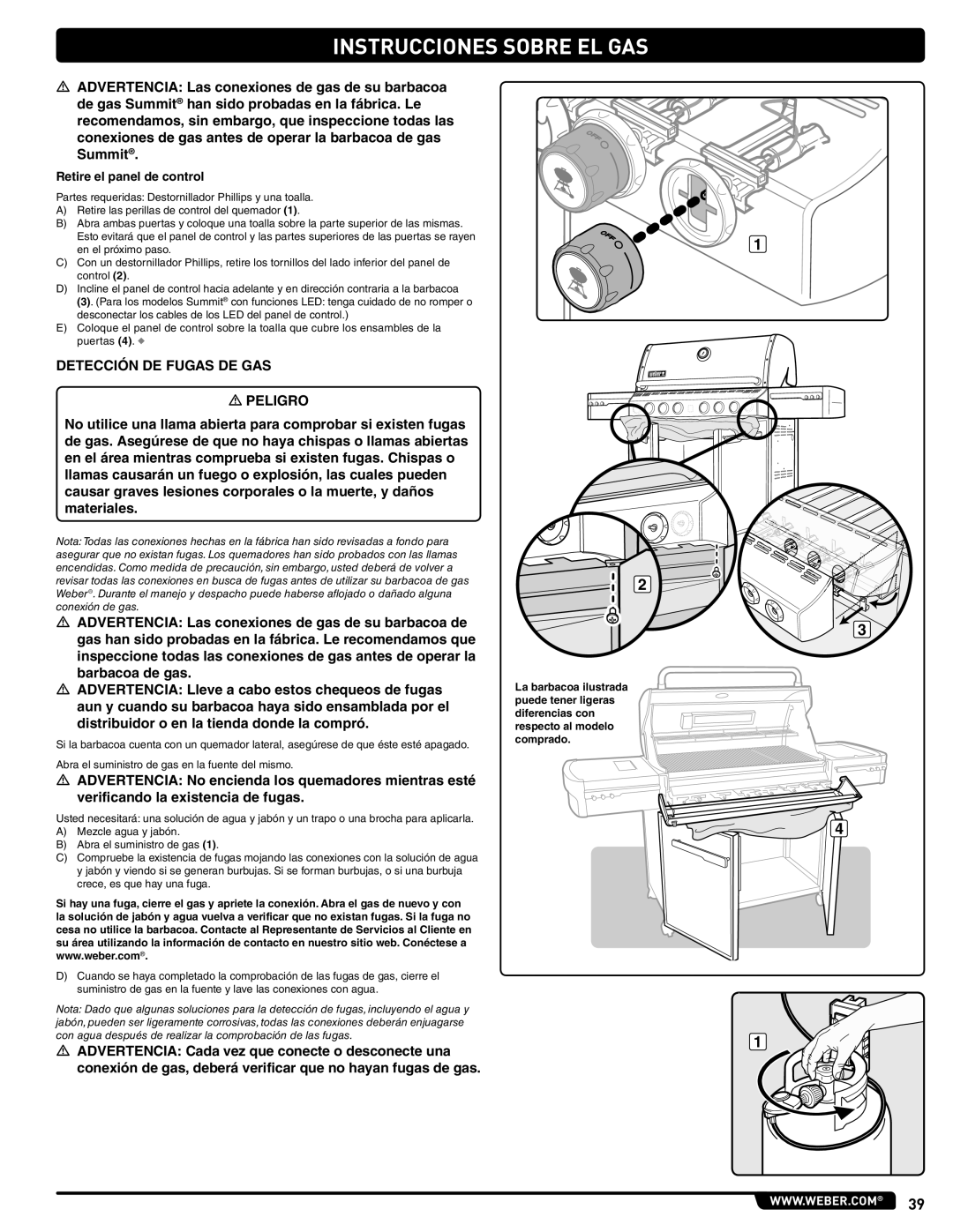 Summit 56214 manual Instrucciones Sobre El Gas, DETECCIÓN DE FUGAS DE GAS m PELIGRO 