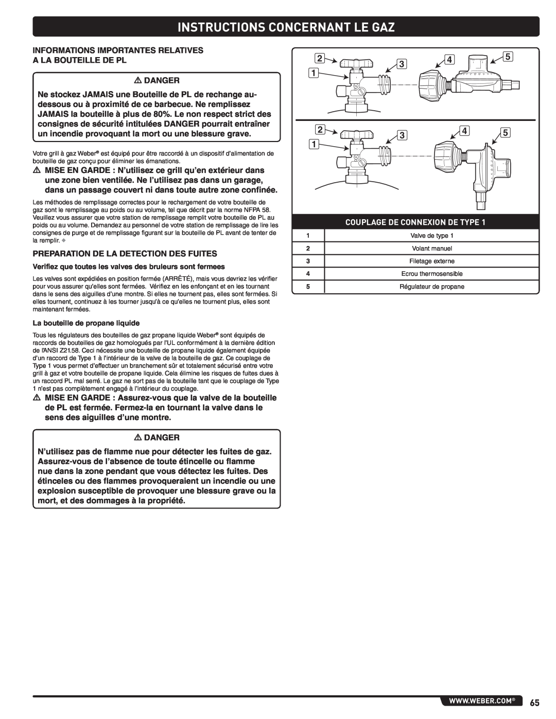 Summit 56214 manual Instructions Concernant Le Gaz, Couplage De Connexion De Type, La bouteille de propane liquide 