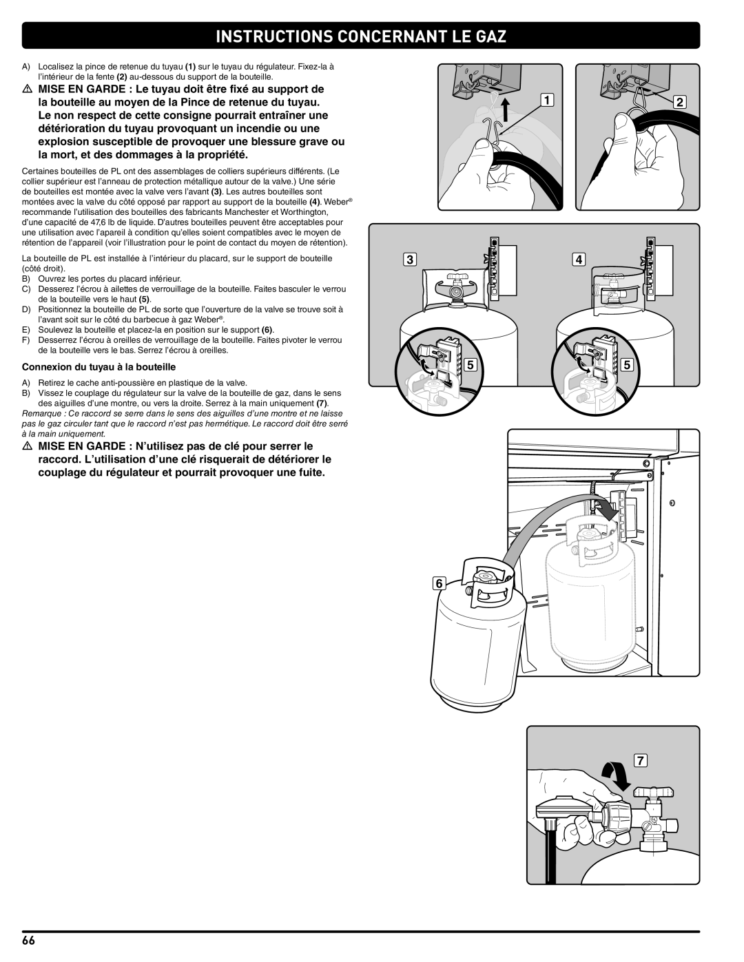 Summit 56214 manual Instructions Concernant Le Gaz, Connexion du tuyau à la bouteille 