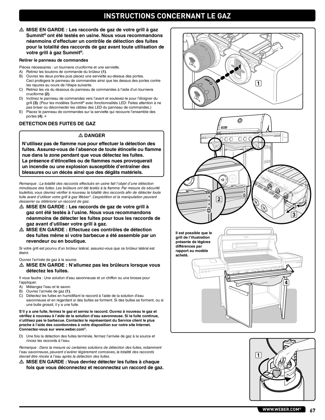Summit 56214 manual Instructions Concernant Le Gaz, DETECTION DES FUITES DE GAZ m DANGER 